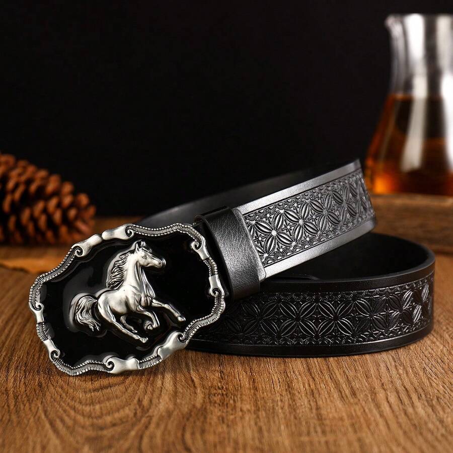 Western Horse Carved Buckle Belt Retro Relief Solid Color PU Belt Classic Jeans Belt Universal For Women - Tất cả màu đen - Xem 1
