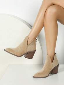 2024新款法式踝靴女款，英伦风秋冬新款尖头粗跟踝靴，后拉链设计 - 深杏色 - 查看 2