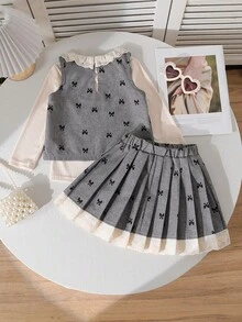 Conjunto de moda para niñas pequeñas de 3 piezas: Camiseta de cuello alto + Chaleco con ribete de encaje + Falda plisada con ribete de encaje