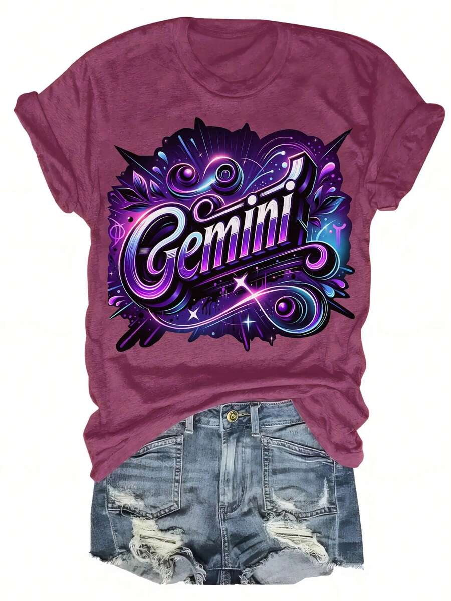 Gemini Among The Twelve Zodiac Signs Six Colors: Gray, Black, Apricot Red, Blue And White. Women's Short-Sleeved Round-Neck, Fun Printed Top, Casual Summer Wear, Colorful Cotton Short-Sleeved, Cotton Blend Women's T-Shirt. Halloween And Christmas Gifts - Đỏ - Xem 1