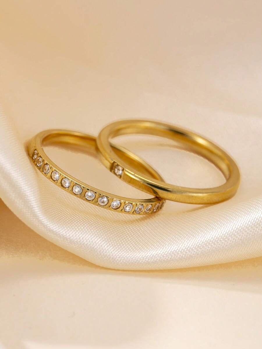 2pcs Exquisite Stainless Steel Rings With 1 Diamond And 16 Diamonds, Luxury Titanium Steel Jewelry Suitable For Teenagers And Best Friends, Daily Wear