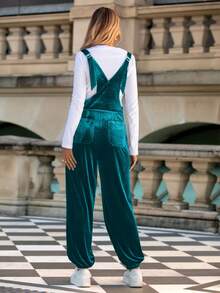 Women's Velvet Overall Jumpsuit Casual Loose Fit Overalls Adjustable Straps Dressy Romper Fall Outfits - màu xanh mòng két - Xem 2