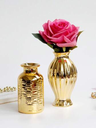 1 件小巧精致陶瓷花瓶，金色，现代奢华风格，适用于桌面、婚礼、派对、家居、办公室、酒店装饰、婚礼装饰、中心装饰、桌面装饰、派对