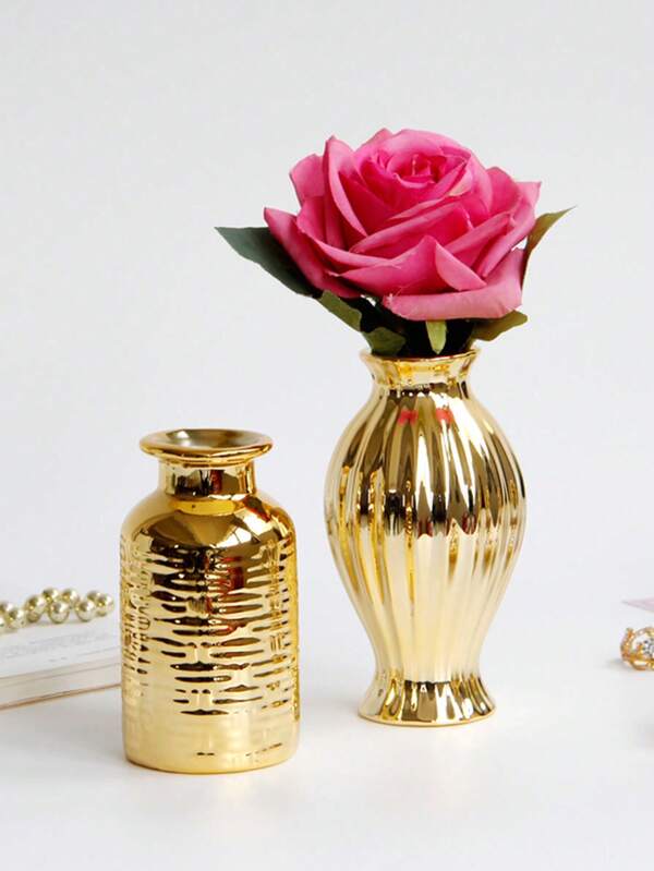 1 pieza Jarrón cerámico pequeño y delicado, color dorado, estilo moderno y lujoso, adecuado para decoración de mesa, boda, fiesta, hogar, oficina, hotel, regalos, decoración del hogar, vuelta al cole, decoración de habitación, suministros escolares, jarrón para flores, jarrón de vidrio