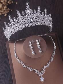 3pcs/Set Luxury Bridal Crown Headpiece, Baroque Style Queen Crown, Necklace & Earrings Wedding Dress Accessories - Silver - View 5