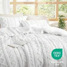 Bedsure Mother's Day Tufted Boho Comforter Set - Linen Boho Bed Set, GentleSoft™ 3 Pieces Farmhouse Shabby Chic Embroidery Bedding, For Spring Decor, Wedding Decor, Easter Decor, Room Decor, Home Decor - 漂白 - 查看 5