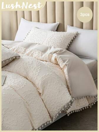 Juego de funda nórdica con 3 piezas de flores beige con recorte perfecto y pompones grises de 4 lados (1 funda nórdica + 2 fundas de almohada, sin relleno) de fibra química de poliéster suave y amigable con la piel, adecuado para dormitorios interiores, dormitorio principal, dormitorio de invitados y dormitorio secundario durante todo el año