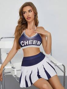 Disfraz de animadora sexy, conjunto de sujetador de contraste de halter + minifalda, atuendo de juego de roles, regalo de Navidad y Día de San Valentín para mujeres