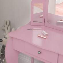 HOMCOM Kids Vanity Table And Chair Set, Girls Vanity Set With Tri-Folding Mirror And Stool, Makeup Dressing Table With Drawer, Pink - Pink - View 7