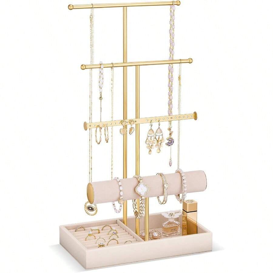 CZ Jewelry Holder Tree With Velvet Tray 4 Tiers Necklace Display Stand Rack With Ring Slots Organizer For Earrings Bracelets Bangles Ring Beige 139 - 米色 - 查看 1