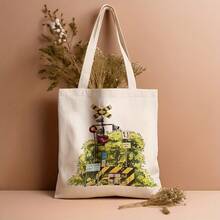 1pc Railway Crossing Canvas Tote Bag - Reusable Grocery Bag With Vintage Train Design, 13.8x15.8 Durable Polyester Canvas, Leak-Proof Shopping, Commuting, Beach & Travel - Train Enthusiasts, Large Travel Tote Bag, Railway Crossing Design