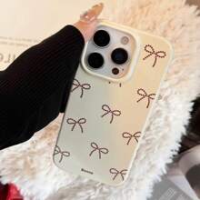 1pc Small Pink Bow & Blue Lace Bow Decor Phone Case Compatible With Apple - Beige - View 3