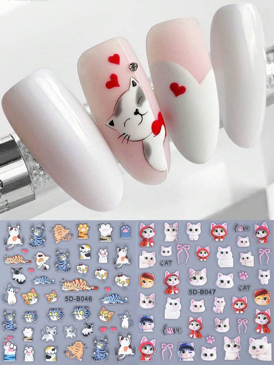 5D Cartoon Cat Embossed Nail Stickers 2pcs Cute Funny Heart Bow Cat & Cat Paw Design DIY Kawaii Japanese Korean Self-Adhesive Slider Nail Art Decoration