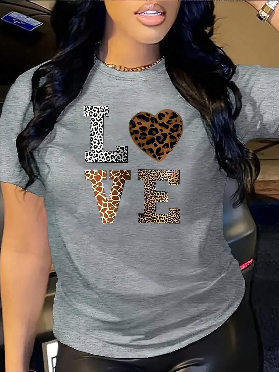 Women's Casual LOVE Graphic T-Shirt With Leopard Print & Heart Design - Stretchy Round Neck Short Sleeve Top, Machine Washable All-Season Comfort Tee, Nontransparent Fabric - 灰色 - 查看 1