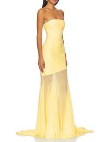 女士时尚奶油黄色露肩网眼拼布鱼尾长裙，性感修身浪漫优雅海滩派对礼服