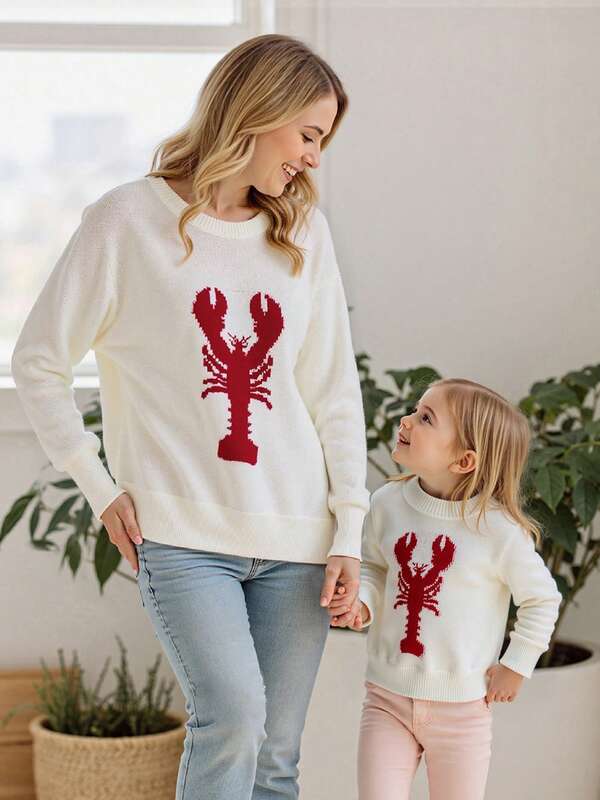 Mommy And Me Matching Sweater Lobster Pattern Crew Neck Long Sleeve Pullover Knit Tops Causal Family Streetwear