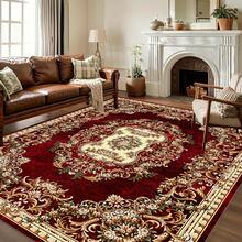 1 Piece Luxury Velvet Floor Mat - Bohemian Retro  Floral Pattern Design, Non-Slip And Machine Washable, 100% Polyester Fiber, Large Size (2. 16 Square Meters And Above), Suitable For Living Room And Bedroom High Traffic Areas, Dark Red And Gold Bohemian Floral Rug, For Living Room And Bedroom Decoration, Exquisite Floral Pattern, Soft Texture - Multicolor - View 2