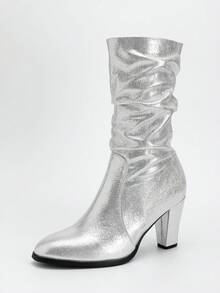 Silver Chunky Heel Slouchy Round Toe Tall Boots For Women, New Autumn/Winter Mid-Calf Riding Boots