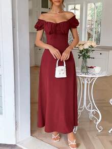 PoPoHouse 女士优雅连衣裙，纯色波西米亚度假风，低领露肩设计，后背系带细节，打造休闲宽松的沙滩裙造型，适合春夏及各种场合。 - 酒紅色 - 查看 6