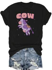 Camiseta de vaca Unisex, casual de verano, transpirable, de cuello redondo, de manga corta, ropa de calle versátil, adecuada para adolescentes y adultos - Negro - Ver 1