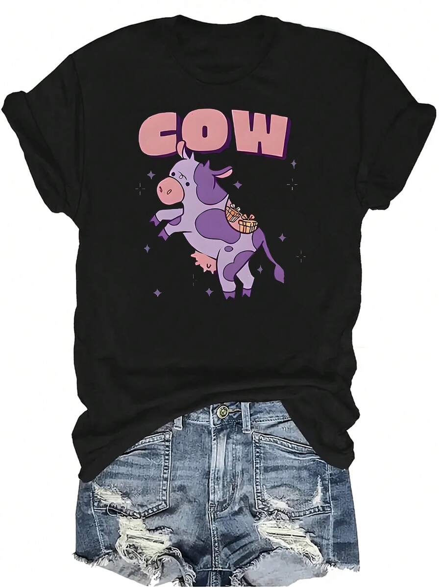 Camiseta de vaca Unisex, casual de verano, transpirable, de cuello redondo, de manga corta, ropa de calle versátil, adecuada para adolescentes y adultos - Negro - Ver 1