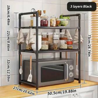 1pc Kitchen Storage Rack, Multi-Function Microwave Oven Rack, Floor-Standing Multilayer Kitchen Countertop Storage Rack, Thickened Kitchen With Handrail Hooks Spice Organizer Shelf
