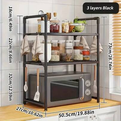 1pc Kitchen Storage Rack, Multi-Function Microwave Oven Rack, Floor-Standing Multilayer Kitchen Countertop Storage Rack, Thickened Kitchen With Handrail Hooks Spice Organizer Shelf