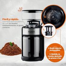 Hukën x.| Molino de Café Eléctrico Profesional Power-Grind 200 g| Muelas Ajustables con 12 Niveles de Molienda| Dual Knob para Grosor y Porciones| Muela Desmontable| Acero Inox| 150 vatios - negro/acero - Ver 7
