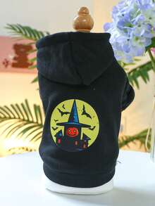 1pc Pet Clothes, Dog Cat Apparel New Hoodies, Halloween Series Wizard Skeleton Pumpkin Witch - Pumpkin Castle Black Hoodie - Back Design