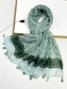 1pc Simple Printed Scarf, Lightweight & Breathable With Tassels, Elegant & Fashionable Design, Versatile Women Silk Scarf For Spring/Summer, Vibrant Color, Large Size For Outdoor, Beach, Headwrap For Dress,Holiday,Accessories,Travel Essential - Olive Green - View 2