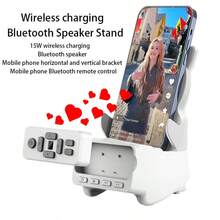 OUBAORUI مكبر صوت محمول متعدد الوظائف بتقنية بلوتوث مع حامل لاسلكي سريع الشحن للهاتف/الكمبيوتر اللوحي، ومتحكم في الإعجاب/تقليب الصفحات، وجهاز تحكم عن بعد لكتاب إلكتروني بتقنية بلوتوث