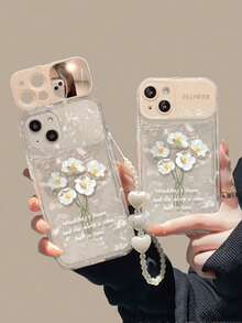 Shell Pattern Glitter Card + Heart Bracelet + Makeup Mirror + Floral TPU Phone Case Compatible With IPhone 11/12/13/14/14/15/15Pro/15Promax
