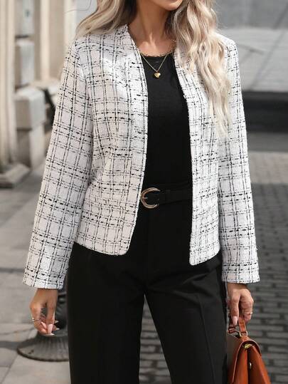 Chaqueta corta de manga larga de tweed elegante y casual para mujer, de unicolor, adecuada para el trabajo y el uso diario, otoño/invierno