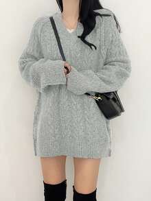 Solid Color Cable Knit Pullover Sweater, Versatile Knitted Top For Autumn/Winter - Grey - View 4