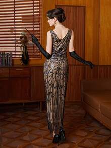 Vestido largo elegante y lujoso de los años 20 para mujer de talla grande con lentejuelas brillantes y cuentas, sin mangas, para fiesta, boda, Navidad, Halloween