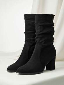 女士粗跟绒面尖头仿麂皮修身过膝长靴，新款秋冬中筒马术骑行靴，圣诞节冬季礼物 - 黑色 - 查看 14