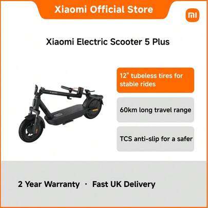 Xiaomi Electric Scooter 5 Plus - 60km Range Foldable E-Scooter With 900W Motor, 12" Tubeless Tires, Dual Brake System, Shock Absorption, IPX5 Waterproof, Ideal For City Commutes & Urban Travel