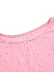 2件套女士舒适半镂空圆领长袖上衣和侧开衩短裤家居服套装，秋冬服装