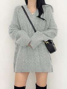 Solid Color Cable Knit Pullover Sweater, Versatile Knitted Top For Autumn/Winter - Grey - View 7
