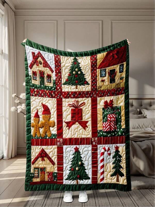 1 pezzo Coperta in flanella stampata in 2D con tema natalizio stereoscopico, caratterizzata da elementi come albero di Natale, omino di pan di zenzero, casetta, regali, bastoncini di zucchero, nei colori rosso, verde e bianco per creare un'atmosfera natalizia festiva