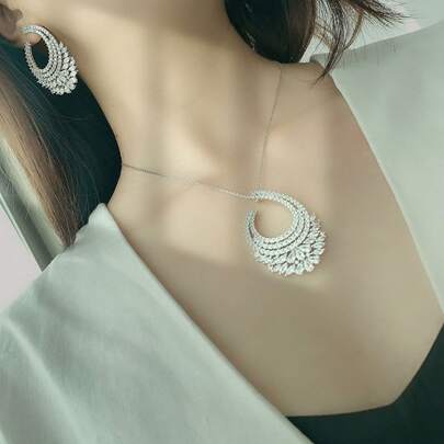 1 Set New Elegant Luxury European Style Geometric Full Diamond Asymmetrical C-Shaped Pendant Necklace & Earrings Set