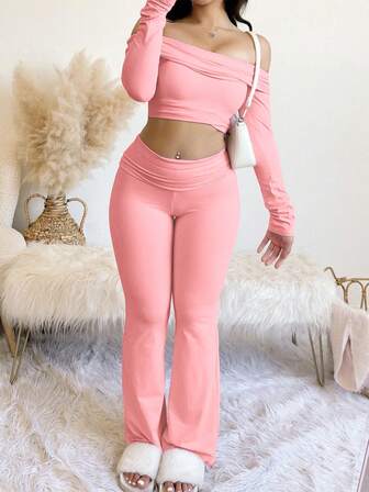 女式性感纯色露肩长袖紧身连衣裤