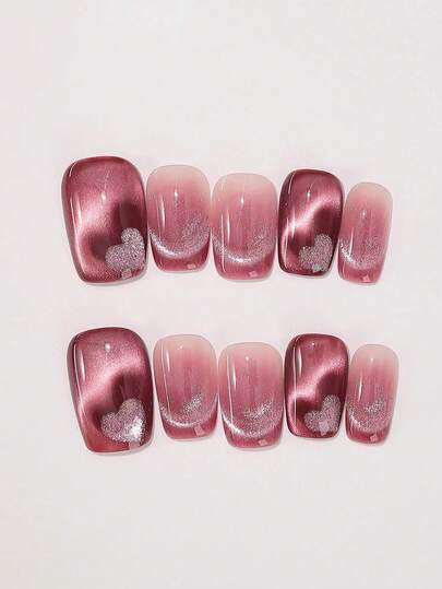 10pcs Pure Handmade Press On Nails Short Square Nails Blue Nails Y2k Sweet And Cool Plain Stroble Style Heart Pattern For Women And Girls Spring Summer Festivals Holiday And Daily Life Use Nail Supplies