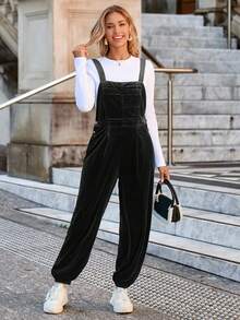 Women's Velvet Overall Jumpsuit Casual Loose Fit Overalls Adjustable Straps Dressy Romper Fall Outfits - 黑色 - 查看 4