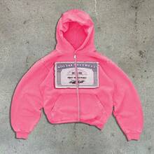 Street Style Women'S Hoodie Day Outfit, Autumn Harajuku Style Y2k Pink Sweatshirt, Casual And Simple Retro Jacket, Elegant And Versatile Commuter Hoodie, Social Security Card Print Jacket Vacation Outfits For Women - Hồng - Xem 2