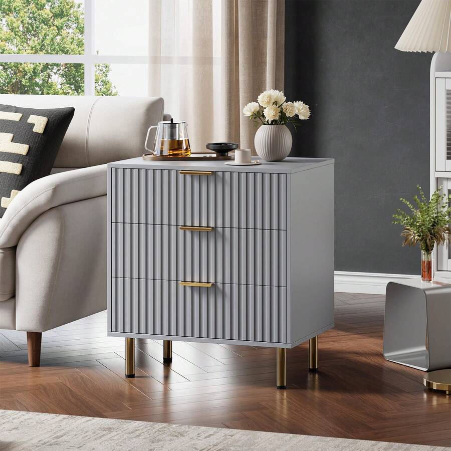 Meiyiu 3 Drawer Dresser For Bedroom, Fluted Modern Nightstand With Deep Drawers, Chest Of Drawers With Wide Top, Wooden Dresser Organizer, Side Table For Living Room, Hallway, Kids Room - 灰色 - 查看 1
