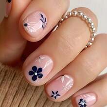 Short Press Square Fake Floral False Nails With Dark Blue Flower Design - Glue On Glossy Full Cover Stick On Cute Acrylic Artificial Nails For Women Manicure - 24Pcs - 深藍色 - 查看 2