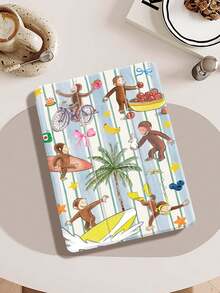 Blue And White Stripes And A Monkey IPad Case Compatible With IPad Air 4/5 10.9 Inch, IPad 7/8/9th 10.2 Inch, Built-In Pencil Slot Compatible With Samsung Tab S6 10.4 Inch, Tab A7 Lite 8.7 Inch, Ins Style Leather Case, Back To School, Valentine's Day, New Year Gift