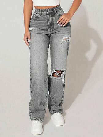 Teen Girl Fashionable Ripped Casual Jeans