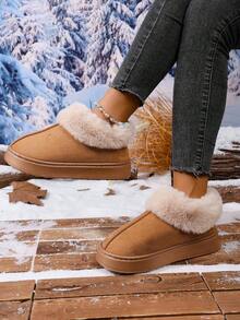 1 Pair Women's Warm Plush Heel Slippers, Thick Sole Indoor/Outdoor Wear, Winter - Brown - View 2